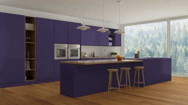 İskandinav beyaz mutfak ahşap ve mor ayrıntılarla birlikte görülme