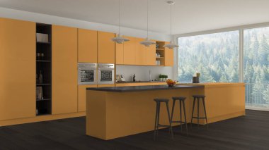 İskandinav beyaz mutfak ahşap ve turuncu ayrıntılarla birlikte görülme