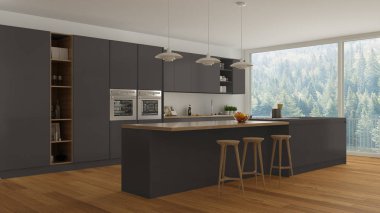 İskandinav beyaz mutfak ahşap ve gri detayları, en az