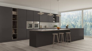 İskandinav beyaz mutfak ahşap ve gri detayları, en az