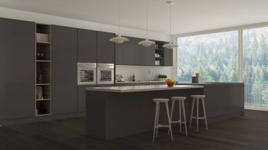 İskandinav beyaz mutfak ahşap ve gri detayları, en az