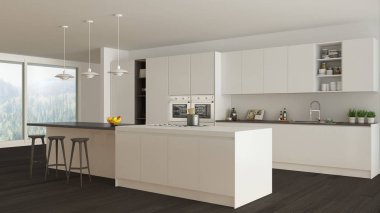 Ayrıntılarla ahşap ve beyaz minima İskandinav beyaz mutfak