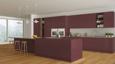 İskandinav beyaz mutfak ahşap ve kırmızı ayrıntılarla, minimali