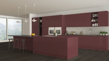 İskandinav beyaz mutfak ahşap ve kırmızı ayrıntılarla, minimali