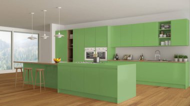 Ağaç ve yeşil ayrıntılarla, minima İskandinav beyaz mutfak