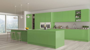 Ağaç ve yeşil ayrıntılarla, minima İskandinav beyaz mutfak