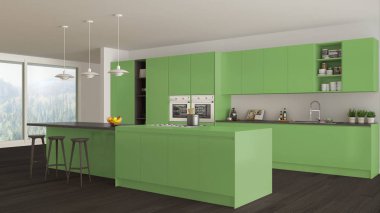 Ağaç ve yeşil ayrıntılarla, minima İskandinav beyaz mutfak