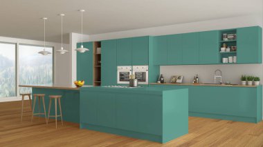 İskandinav beyaz mutfak ahşap ve turkuaz detayları, mi