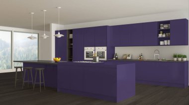 İskandinav beyaz mutfak ahşap ve mor ayrıntılarla birlikte görülme