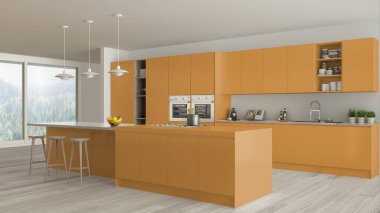 İskandinav beyaz mutfak ahşap ve turuncu ayrıntılarla birlikte görülme