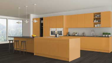 İskandinav beyaz mutfak ahşap ve turuncu ayrıntılarla birlikte görülme