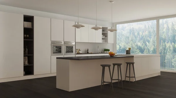 Ayrıntılarla ahşap ve beyaz minima İskandinav beyaz mutfak — Stok fotoğraf