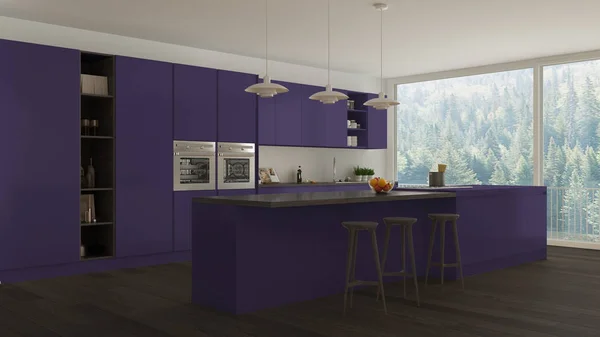 Scandinavian white kitchen with wooden and purple details, minim — Stock Photo, Image