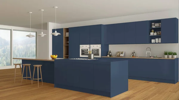 Σκανδιναβική κουζίνα λευκή με ξύλινα και μπλε λεπτομέρειες, ελάχιστη — Φωτογραφία Αρχείου