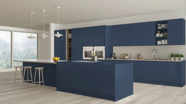 Cocina blanca escandinava con detalles de madera y azul, mínimo — Foto de Stock