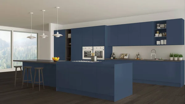 Cocina blanca escandinava con detalles de madera y azul, mínimo — Foto de Stock