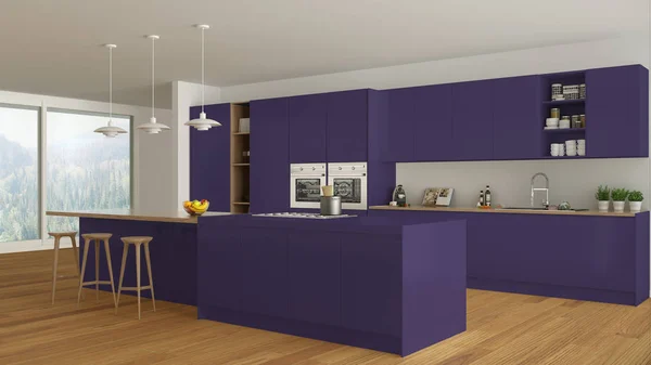 Cocina blanca escandinava con detalles de madera y púrpura, minim — Foto de Stock