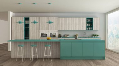İskandinav beyaz mutfak ahşap ve turkuaz detayları, mi
