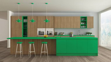 Ağaç ve yeşil ayrıntılarla, minima İskandinav beyaz mutfak