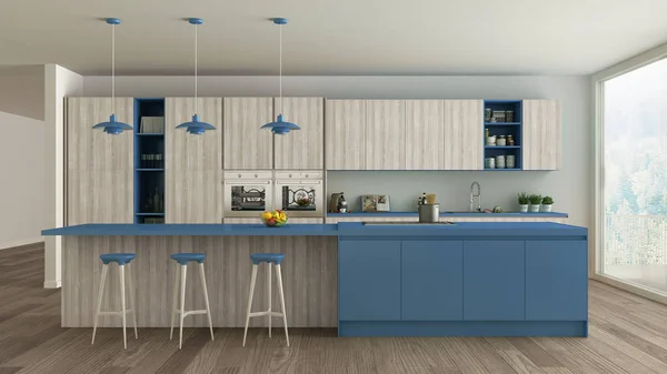 Σκανδιναβική κουζίνα λευκή με ξύλινα και μπλε λεπτομέρειες, ελάχιστη — Φωτογραφία Αρχείου