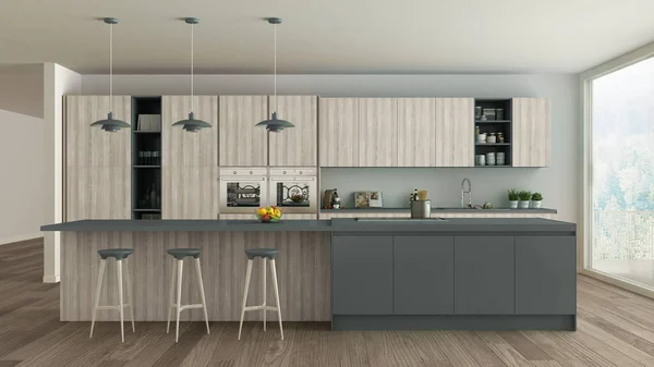 Cucina bianca scandinava con dettagli in legno e grigio, minimale — Foto Stock