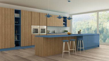 Minimalist mutfak İskandinav ayrıntılarla, ahşap ve mavi 