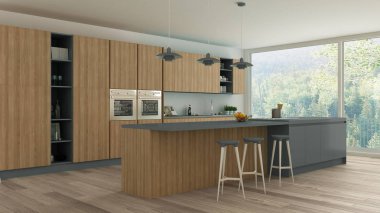Minimalist mutfak İskandinav ayrıntılarla, ahşap ve gri 