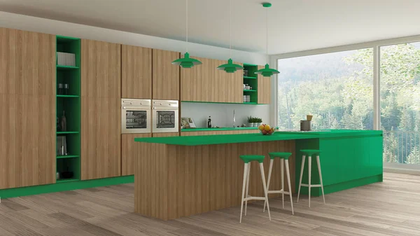 Μινιμαλιστική κουζίνα με ξύλινα και πράσινες λεπτομέρειες, Σκανδιναβική — Φωτογραφία Αρχείου