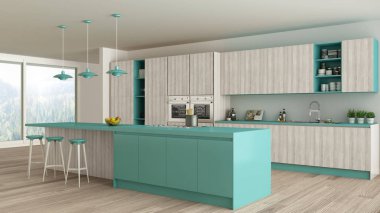 Minimalist mutfak ahşap ve turkuaz ayrıntılarla, scandina