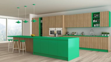 Minimalist mutfak İskandinav ayrıntılarla, ağaç ve yeşil