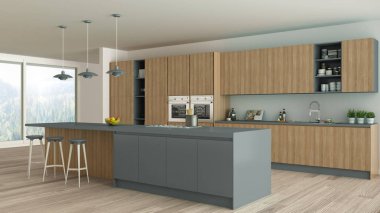 Minimalist mutfak İskandinav ayrıntılarla, ahşap ve gri 