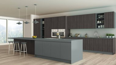 Minimalist mutfak İskandinav ayrıntılarla, ahşap ve gri 