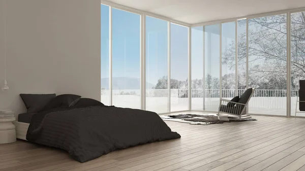 고전적인 침실, 최소한의 화이트 인테리어 디자인, 큰 창문 — 스톡 사진