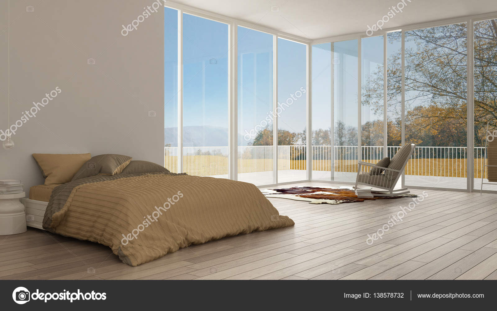 Klassieke slaapkamer minimalistische witte interieur grote ramen