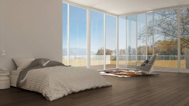 Klasik yatak odası, minimalist beyaz iç tasarım, büyük pencereler