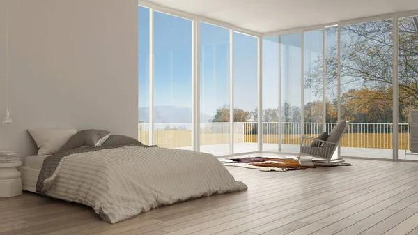 Klasszikus hálószoba, minimalista fehér belső kialakítás, nagy ablakok — Stock Fotó