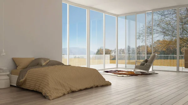 Camera da letto classica, design minimalista degli interni bianchi, grandi finestre — Foto Stock