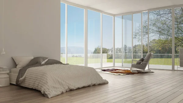 Camera da letto classica, design minimalista degli interni bianchi, grandi finestre — Foto Stock