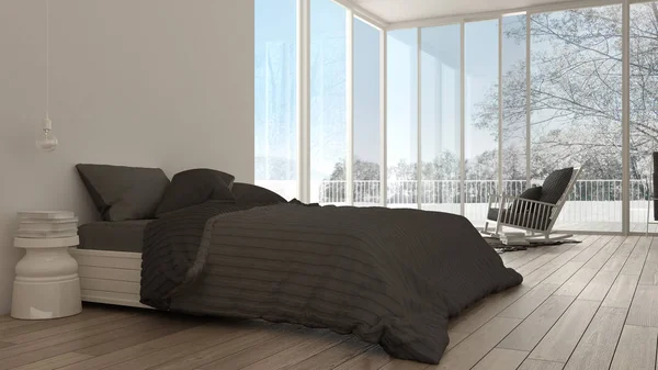古典的な寝室、ミニマルなホワイト インテリア デザイン、大きな窓 — ストック写真