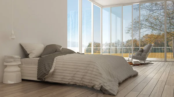 Класична спальня, мінімалістичний білий дизайн інтер'єру, великі вікна — стокове фото