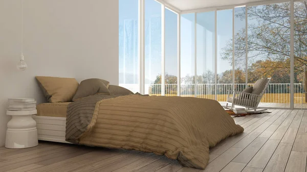 Dormitorio clásico, diseño interior blanco minimalista, grandes ventanas —  Fotos de Stock