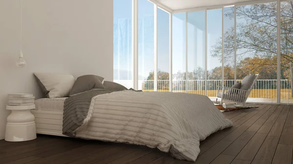 Klassisches Schlafzimmer, minimalistisches weißes Interieur, große Fenster — Stockfoto