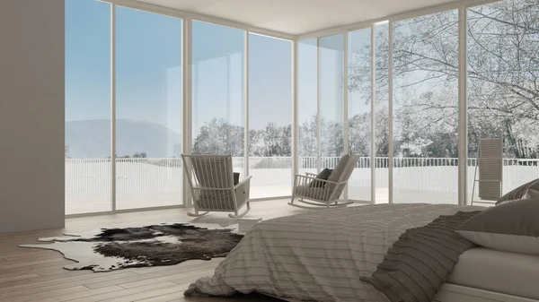 Klasyczna sypialnia, minimalistyczne białe wnętrza, duże okna — Zdjęcie stockowe