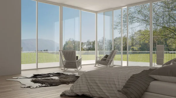 Classic bedroom, minimalistic white interior design, big windows