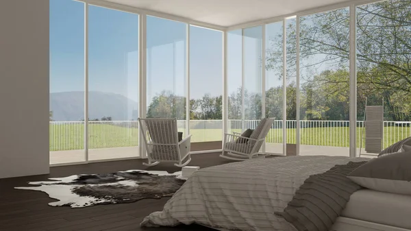 Classic bedroom, minimalistic white interior design, big windows — Stock Photo, Image
