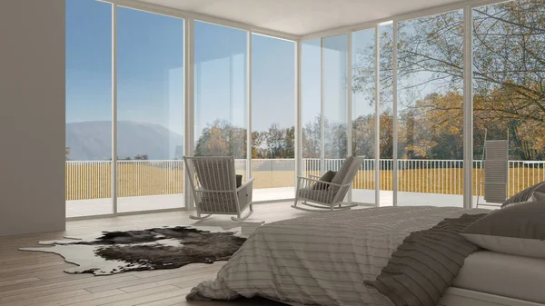 Classic bedroom, minimalistic white interior design, big windows