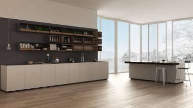 İskandinav beyaz mutfak ahşap ve gri detayları, en az