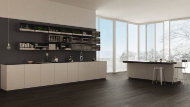 İskandinav beyaz mutfak ahşap ve gri detayları, en az