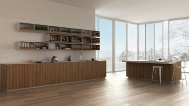 Ayrıntılarla ahşap ve beyaz minima İskandinav beyaz mutfak