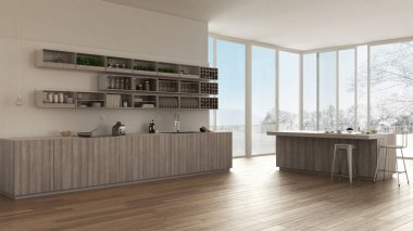 Ayrıntılarla ahşap ve beyaz minima İskandinav beyaz mutfak